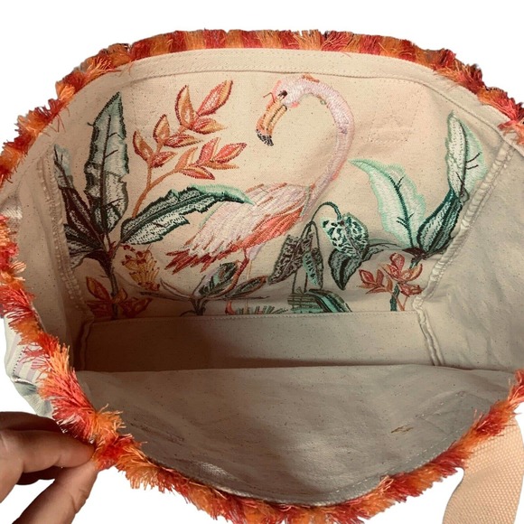 NWT Spartina 449 Beach Tote Tropic Flamingo Canvas Bag Embroidered Fringe 676410 - Picture 5 of 6